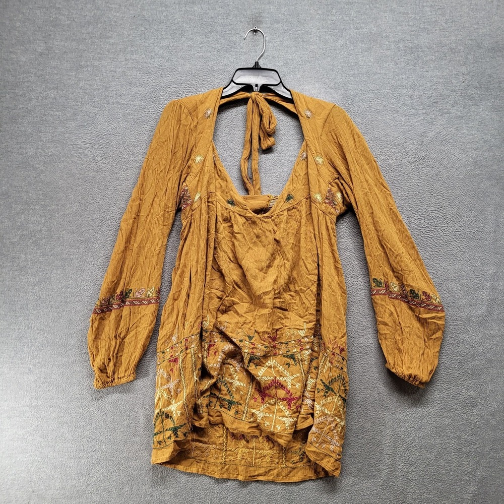 Free People Mustard Yellow Embroidered Mini Dress